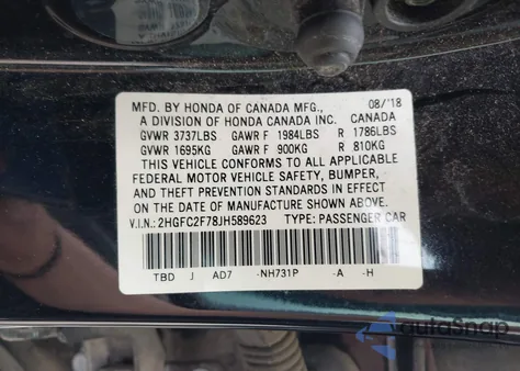 2018 Honda Civic Ex z USA, uszkodzony, nr VIN 2HGFC2F78JH589623